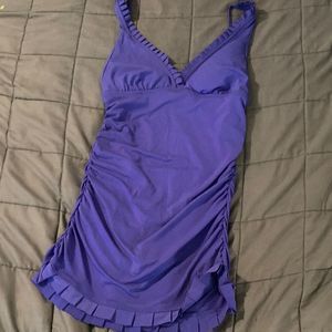 Jantzen Blue Purple One Piece Swimsuit with ruffled over piece and ruffled strap